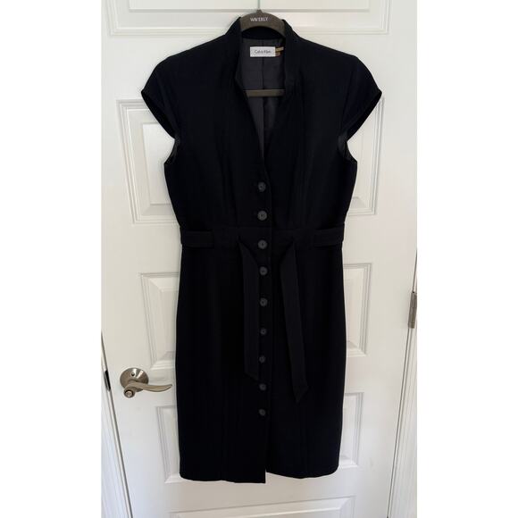 Calvin Klein Women’s Black Button Front Belted Sheath Dress Size 8 Office Work - Picture 1 of 8